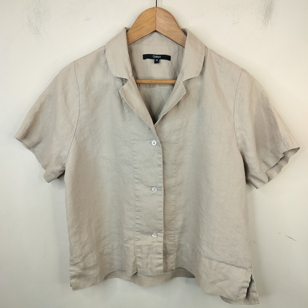Quince European Linen Button Up Shirt Short Sleeve Minimal Capsule Tan Eco